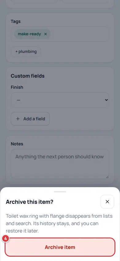 The Archive this item sheet. The Archive item button is marked 4.