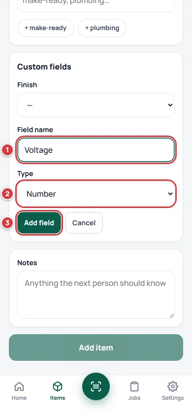 The Custom fields part of the form with a new field being added. The Field name box is marked 1, Type is marked 2 and Add field is marked 3.