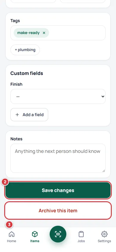 The bottom of the Edit item form. Save changes is marked 2 and Archive this item is marked 3.
