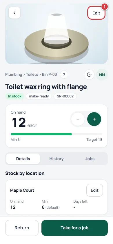 An item screen on a phone with the Edit button marked 1.