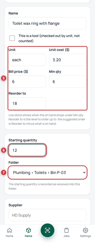 The middle of the New item form. The unit, cost, price and minimum boxes are marked 5, Starting quantity is marked 6 and Folder is marked 7.