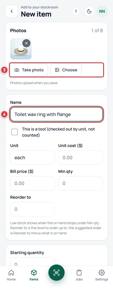 The top of the New item form on a phone, with a photo added. The photo buttons are marked 3 and the Name box is marked 4.