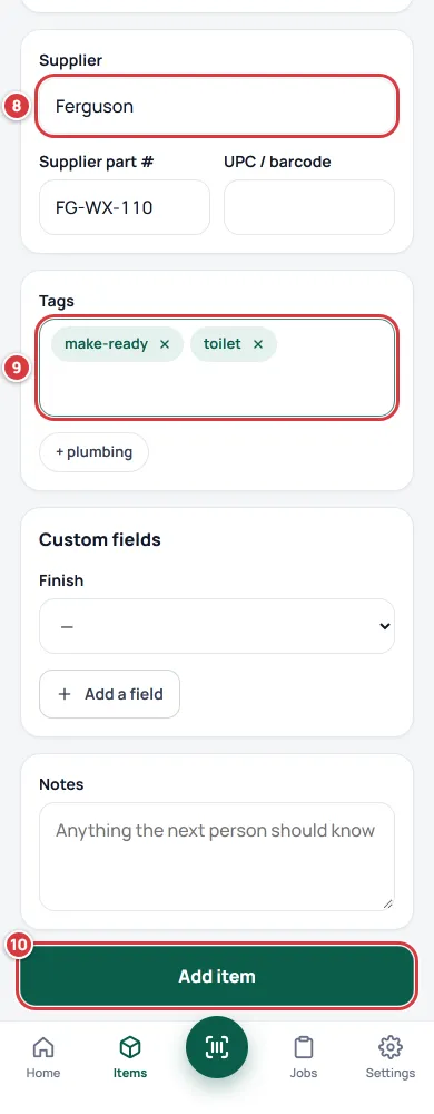 The bottom of the New item form. Supplier is marked 8, Tags is marked 9 and the Add item button is marked 10.