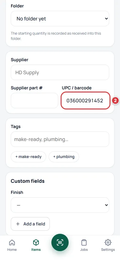 The New item form scrolled to the UPC / barcode box, which already holds the scanned number and is marked 2.