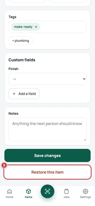 The Edit item form of an archived item. The Restore this item button is marked 5.