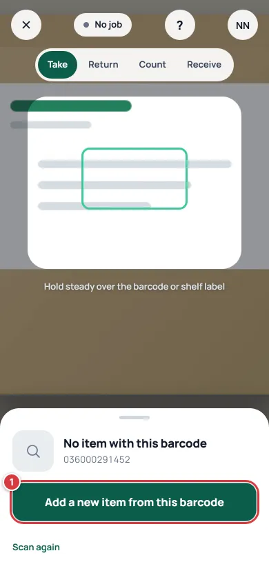 The scanner after a barcode that is not in the stockroom. The Add a new item from this barcode button is marked 1.