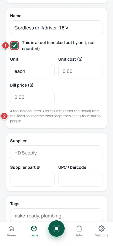The New item form with the tool box ticked. The tick box is marked 1 and the note about adding units is marked 2.
