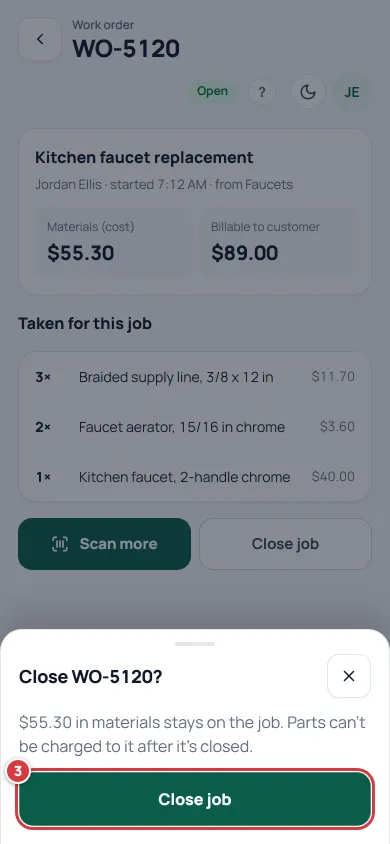 The close sheet on a job. Its Close job button is marked 3.