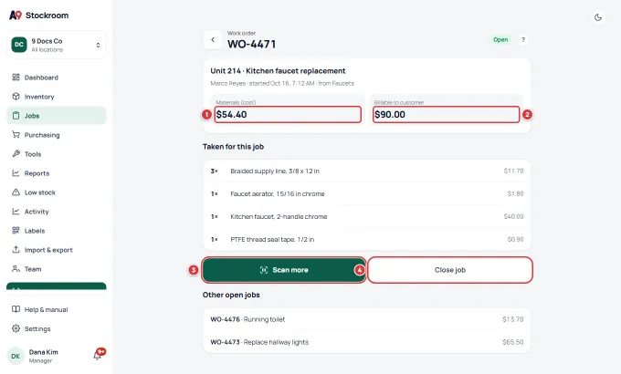 A job on a desktop with the sidebar. 1 marks Materials (cost), 2 marks the billable amount, 3 marks Scan more and 4 marks Close job.
