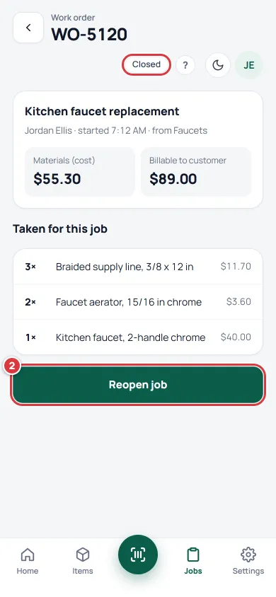 A closed job on a phone. The Closed label is ringed and the Reopen job button is marked 2.