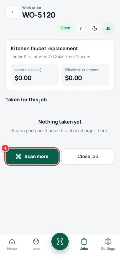 An open job with nothing taken yet. The Scan more button is marked 1.