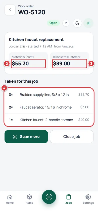 An open job on a phone with its parts. Materials (cost) is marked 2, the billable amount is marked 3 and the list of parts is marked 4.