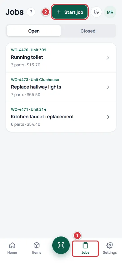 The Jobs screen on a phone, with the Jobs tab marked 1 and the Start job button marked 2.