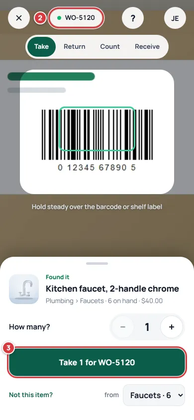 The scanner on a phone. The job chip at the top is marked 2 and the Take button that names the job is marked 3.