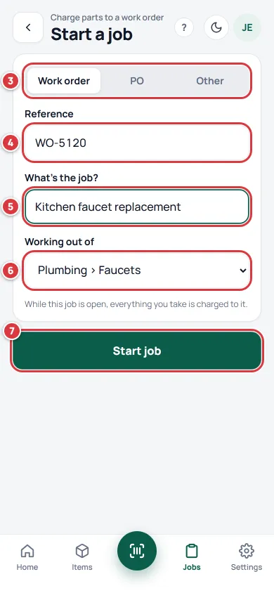 The Start a job form on a phone, with the kind, Reference, What's the job?, Working out of and Start job controls marked 3 to 7.