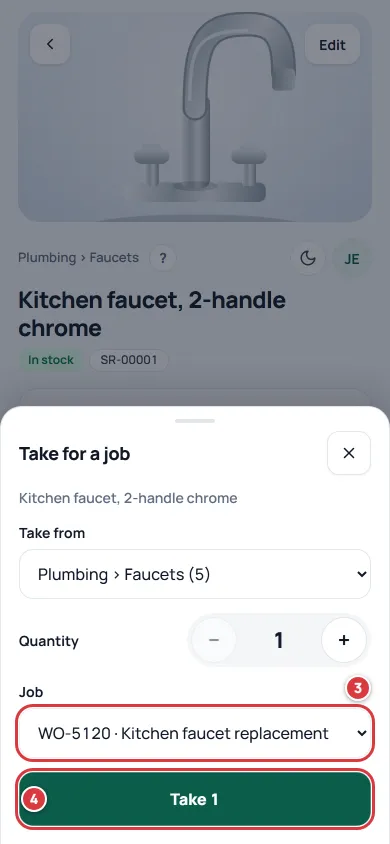 The Take for a job sheet on an item screen. The Job picker is marked 3 and the Take button is marked 4.