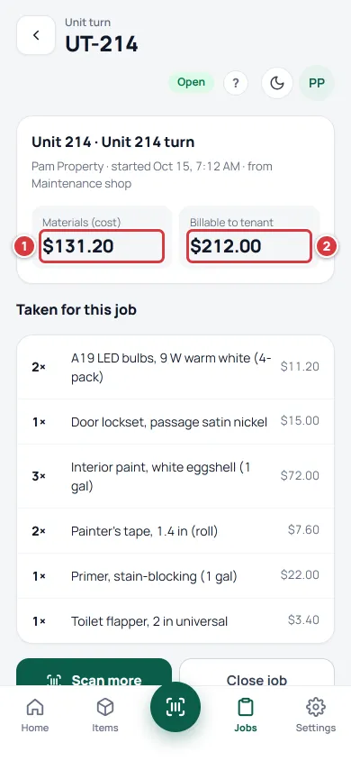 A unit turn job on a phone. 1 marks Materials (cost) and 2 marks Billable to tenant.