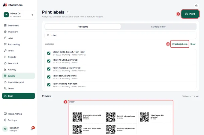 The Print labels screen on a desktop. Print is marked 1, Unselect shown 2 and the first sheet of the preview 3.
