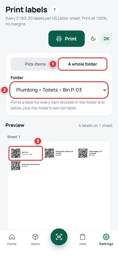 The Print labels screen on a phone with A whole folder marked 1, the folder chosen under Folder marked 2 and the folder's own label marked 3.