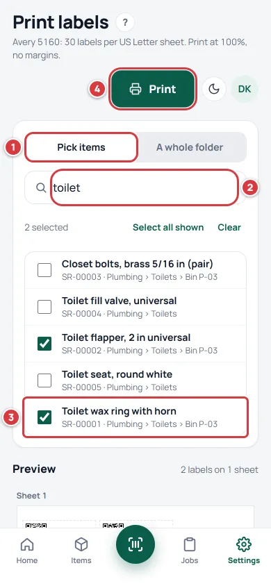 The Print labels screen on a phone. Pick items is marked 1, the search box 2, a ticked item 3 and the Print button 4.