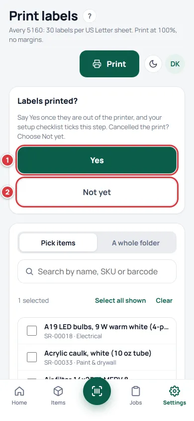 The Labels printed? card on a phone with Yes marked 1 and Not yet marked 2.