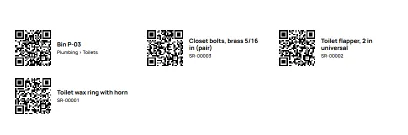 The first labels of a sheet as they print: a folder label first, then three item labels, each with a QR code, a name and a SKU.