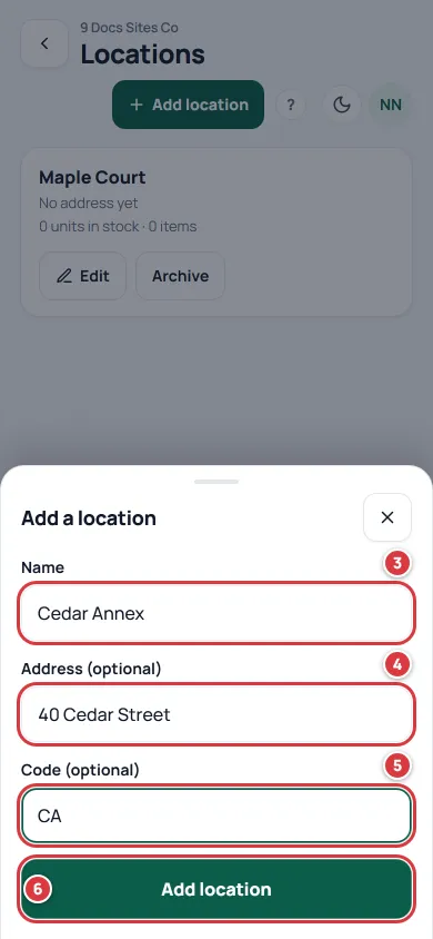 The Add a location sheet with the Name box marked 3, Address marked 4, Code marked 5 and the Add location button marked 6.