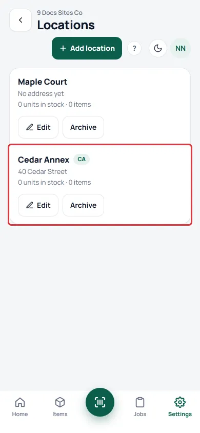 The Locations list after a location was added. The new location, Cedar Annex, is outlined and shows its code, CA.