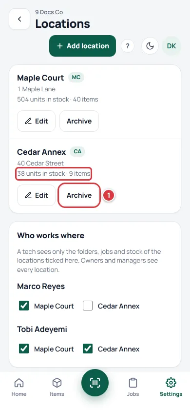 The Locations list on a phone with the Archive button of Cedar Annex marked 1 and its stock line outlined.
