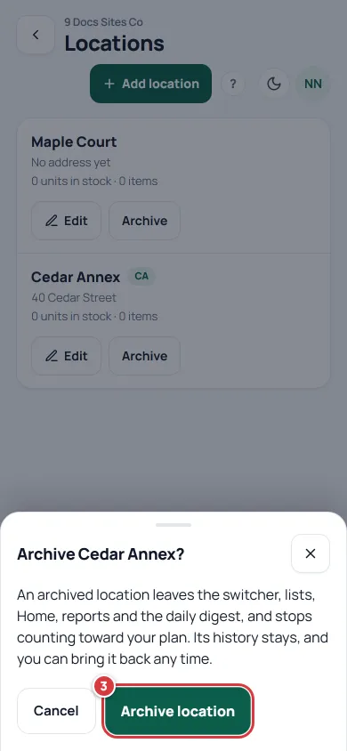 The Archive sheet. The Archive location button is marked 3.