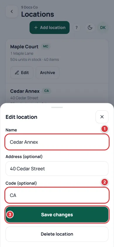 The Edit location sheet. The Name box is marked 1, Code is marked 2 and Save changes is marked 3.