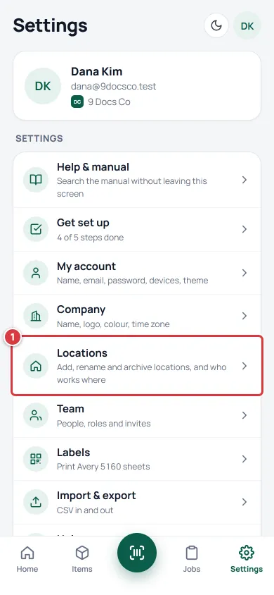 The Settings screen on a phone with the Locations row marked 1.