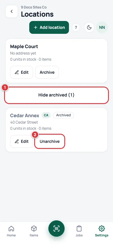 The Locations list with archived locations shown. Hide archived is marked 1 and Unarchive is marked 2 on the archived location.