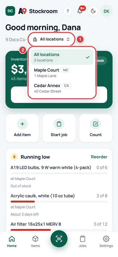 The Home screen on a phone with the location menu open. The location name is marked 1 and the menu is marked 2.