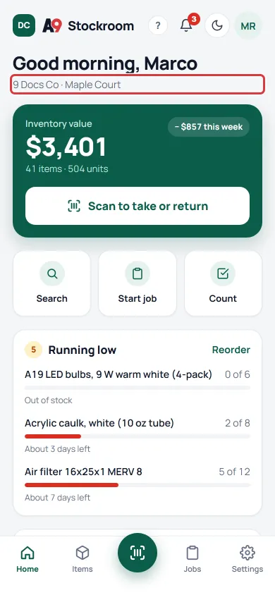 The Home screen of a tech who works at one location. The line under the greeting shows the company and its one location.