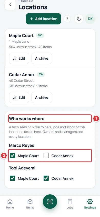 The Who works where part of the Locations screen. The heading is marked 1 and Marco Reyes's two tick boxes are marked 2.