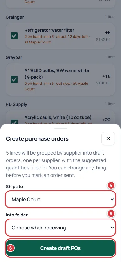 The Create purchase orders sheet. Ships to is marked 4, Into folder is marked 5 and Create draft POs is marked 6.