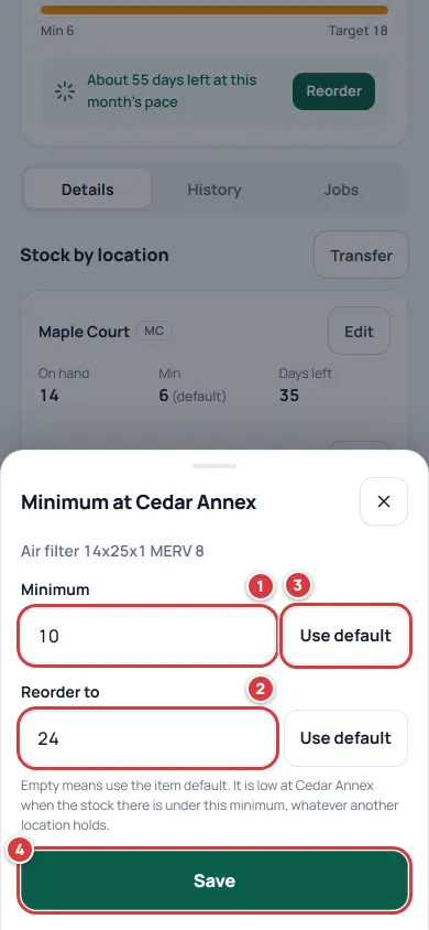 The sheet Minimum at Cedar Annex. The Minimum box is marked 1, Reorder to is marked 2, Use default is marked 3 and Save is marked 4.
