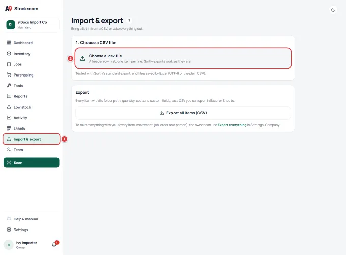 The Import and export screen with the menu entry and the file chooser numbered.