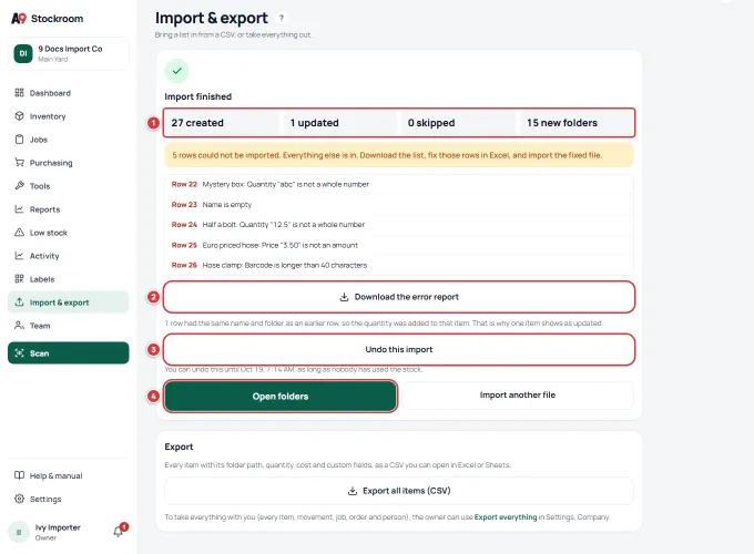 The Import finished card with its counts, the error report, Undo this import and Open folders.
