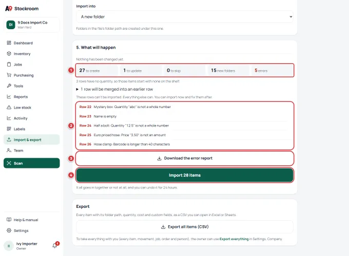 What will happen: the counts, the problem rows, the error report button and the Import button.