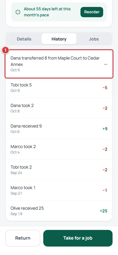 The History tab of an item with a transfer row that reads Dana transferred 8 from Maple Court to Cedar Annex.