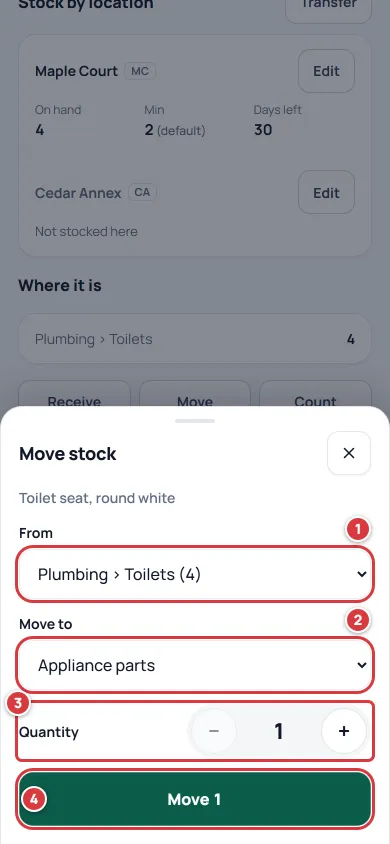 The Move stock sheet on an item's page. Mark 1 is From, mark 2 is Move to, mark 3 is Quantity and mark 4 is the Move button.
