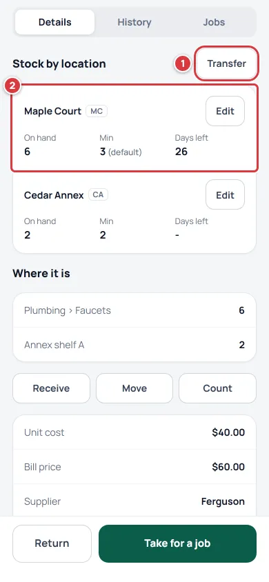 An item's Stock by location card. Mark 1 is the Transfer button and mark 2 is the card for one location.