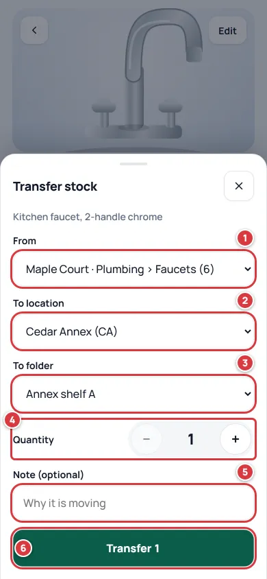 The Transfer stock sheet. Mark 1 is From, mark 2 is To location, mark 3 is To folder, mark 4 is Quantity, mark 5 is Note and mark 6 is the Transfer button.
