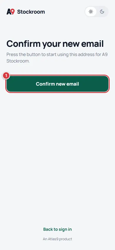 The confirm page, with the Confirm new email button.