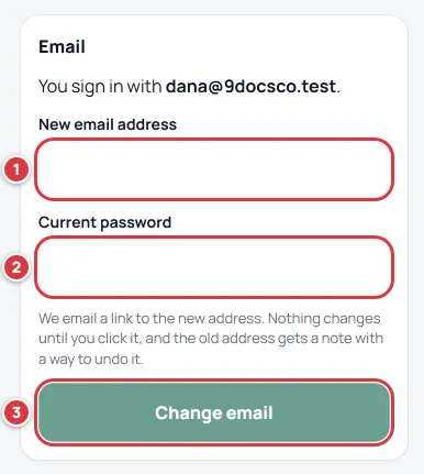 The Email card with New email address, Current password and Change email numbered.