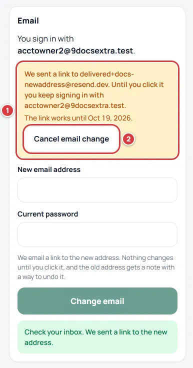 The note that says a link was sent to the new address, with Cancel email change.