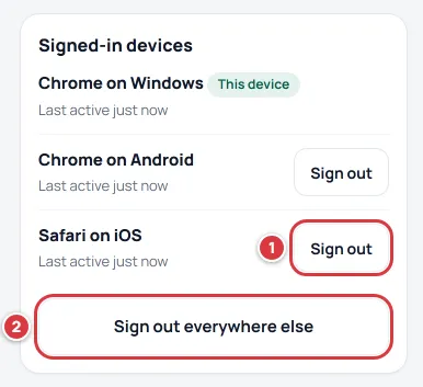 The Signed-in devices card with the lost phone's Sign out and Sign out everywhere else numbered.