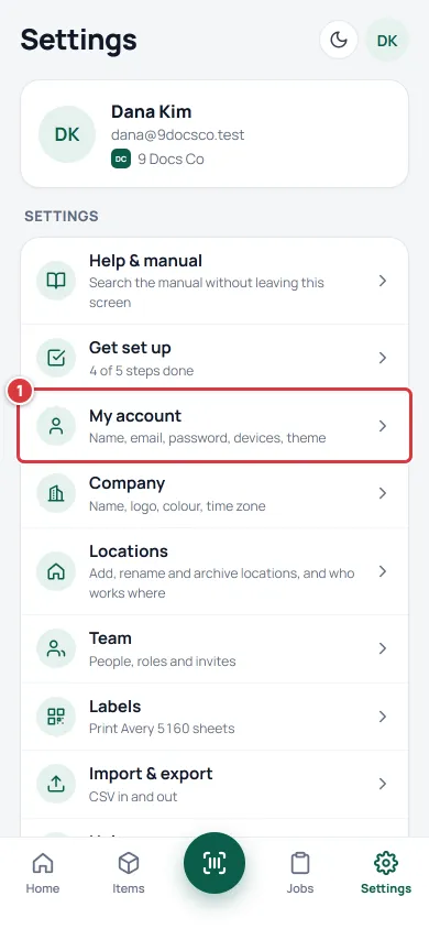 The Settings screen on a phone with the My account row marked.